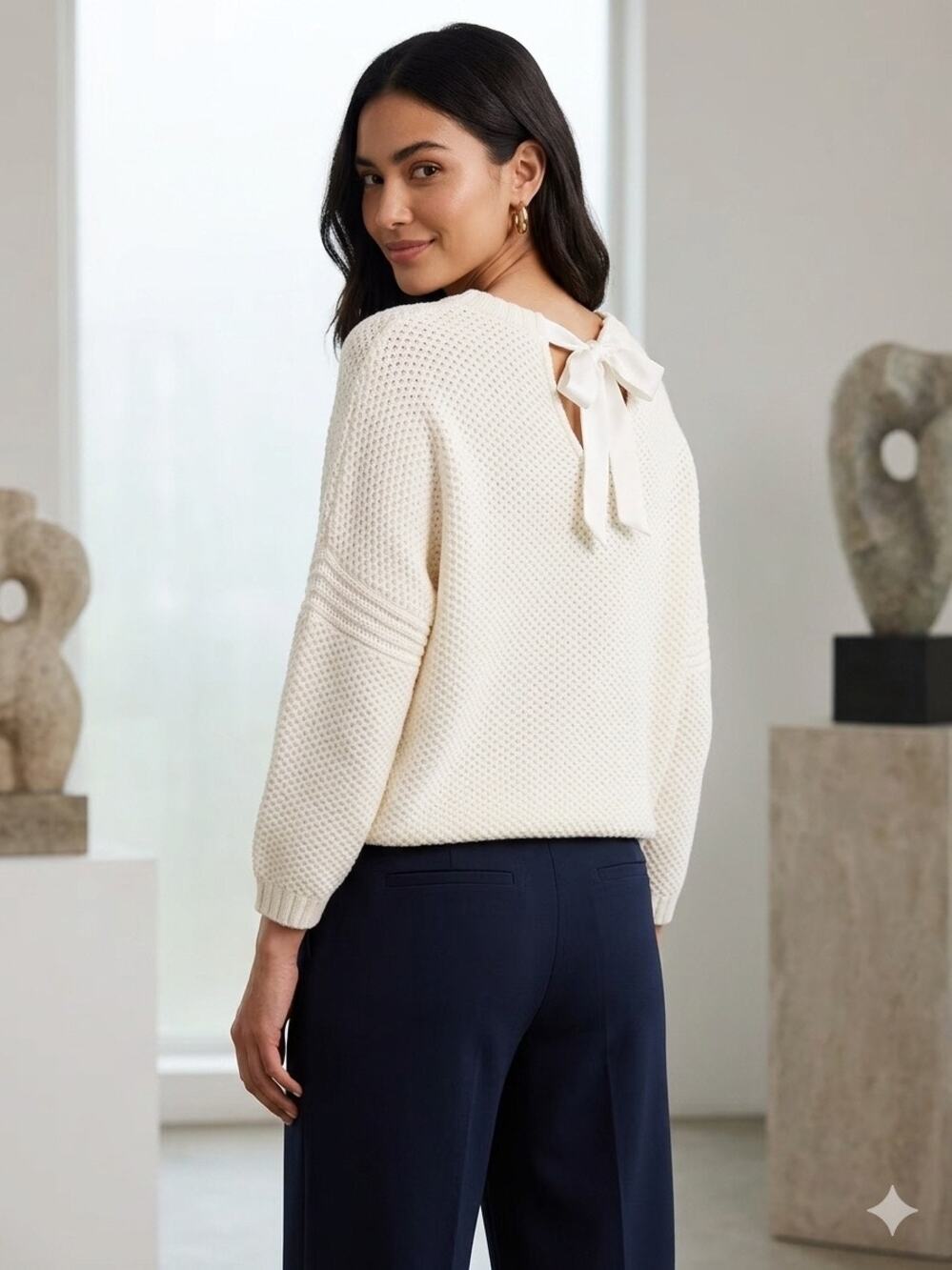 Ted Baker Cream Open Waffle Knit Wool Blend Back Bow Sweater Sz Medium